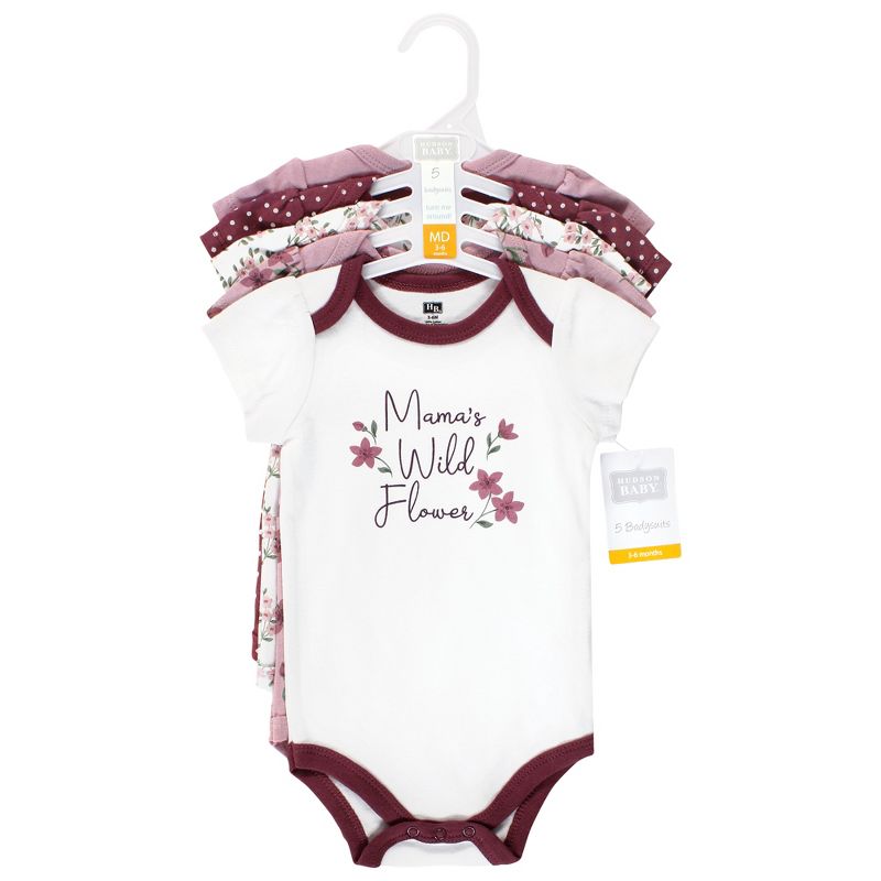 Hudson Baby Infant Girl Cotton Bodysuits, Plum Wildflower 5 Pack, 2 of 8