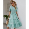 Women's Summer Puff Short Sleeve Smocked Midi Dress with Elastic Waist and Tiered A Line Maxi Design - 2 of 4