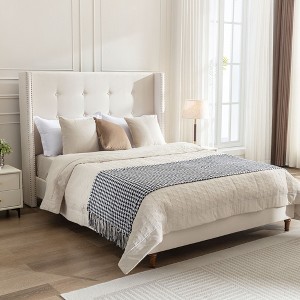 KIGFTSOD Traditional Hand Buttoned Tufting Upholstered Bed with 54" High Headboard and Nailhead Trim Wingback - 1 of 4