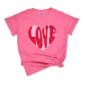 Simply Sage Market Women's Pink Love Heart Distressed Short Sleeve Garment Dyed Tee - 1 of 4