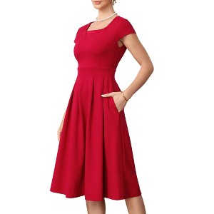 INSPIRE CHIC Women's Vintage Square Neck Cap Sleeve Causal A-Line Midi Dresses - 1 of 4