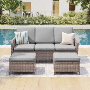 Sonkuki 3 Pieces Outdoor Patio Furniture Sets, Rattan Sofa with Ottoman Wicker Set for Backyard Porch, Garden, Poolside, Balcony - 1 of 4