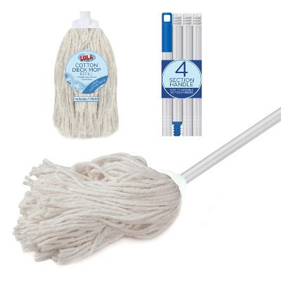 Lola Products Cotton String Wet Floor Mop w/ 1 Replacement Head, 4 Ply Cotton can Absorb 3X its Weight in Water, w/ Swivel Hang Cap for Easy Storage