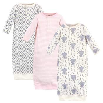 Touched by Nature Baby Girl Organic Cotton Henley Long-Sleeve Gowns 3pk, Girl Elephant