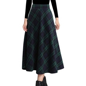 Women's Wool Plaid A-Line Skirt - Winter Warm Elastic Waist Pleated Long Skirt Green2 - 1 of 4