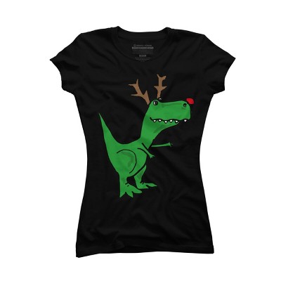 Junior's Design By Humans Cool Funny Christmas T-Rex Dinosaur with Antlers By SmileToday T-Shirt
