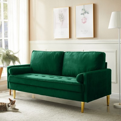 ROOMTEC 65" Mid Century Modern Loveseat Sofa, 2-Seater Velvet Upholstered Love Seat Couch with Bolster Pillows