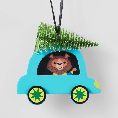 Wood Lion Car with Bottle Brush Tree Christmas Tree Ornament Blue - Wondershop™