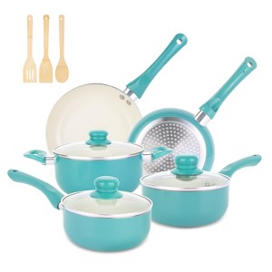 Itopfox 11-Piece Nonstick Cookware Set with Bamboo Utensils, Ceramic Coating, Stay Cool Handles, Induction Compatible, Turquoise - 1 of 4