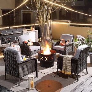 Verona 5pc Wicker Outdoor Patio Furniture Set Conversation Sofa Loveseat with a Wood-Burning Fire Pit and Cushions - 1 of 4
