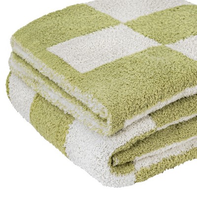 Sage Green and White Checkered Fleece Throw Blanket