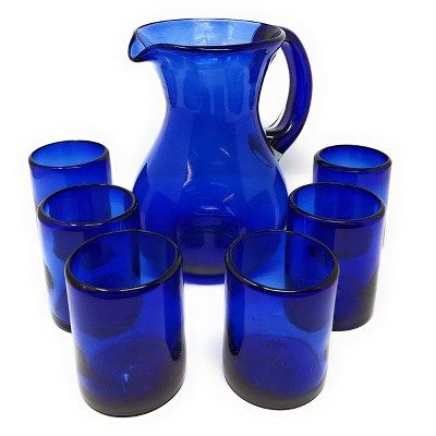 Dos Sueños Mexican Hand Blown Glassware Combo Set - Pure Cobalt Design Pitcher and Tumblers