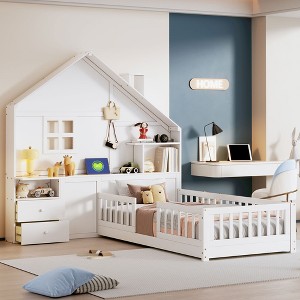 KIGFTSOD House Bed with Window and Bedside Drawers, Platform Bed with Shelves and a set of Sockets and USB Port, White - 1 of 4