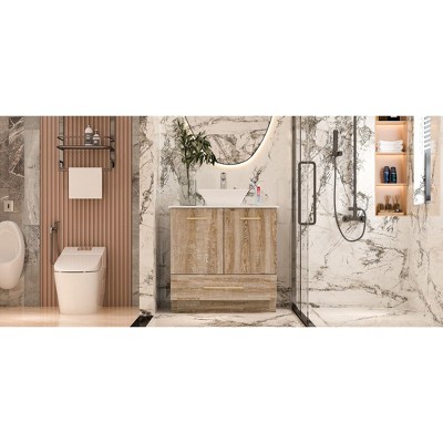 Famapy Bathroom Cabinet with White Basin Bathroom Storage Solutions Original Wooden