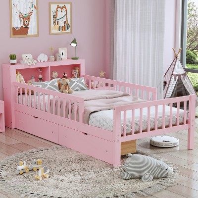 TIRAMISUBEST 77.4in Twin Size Wood Platform Bed with Guardrails Kids Bed Children's Bed Frame Pink
