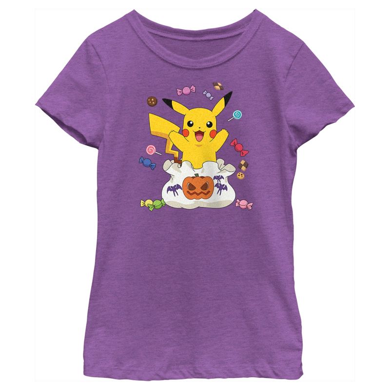 Girl's Pokemon Halloween Pikachu Bag of Candy T-Shirt, 1 of 5