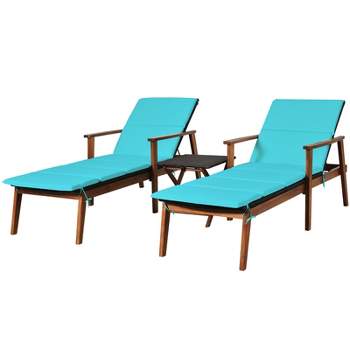 Tangkula Set of 3 Chaise Lounge Chair Set Acacia Wood Frame Adjustable Backrest W/Cushions