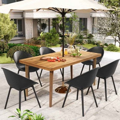7 Piece Outdoor Patio Dining Set,Acacia Wood Dining Table and 6 PP Dining Chairs Set,Garden Dining Furniture Set with Umbrella Hole-Coolbibila