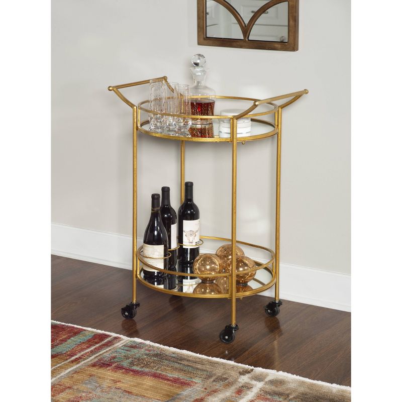 Round Metal Frame 2 Mirrored Glass Shelves 3 Glass and 3 Bottle Holders Locking Wheels Bar Cart Gold - Linon, 5 of 11