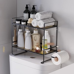 Over The Toilet Storage Rack, 2-Tier Multifunctional Bathroom Shelf Organiser with 2 Hooks, Space Saving Multi-Purpose Metal Organiser Rack for - 1 of 4
