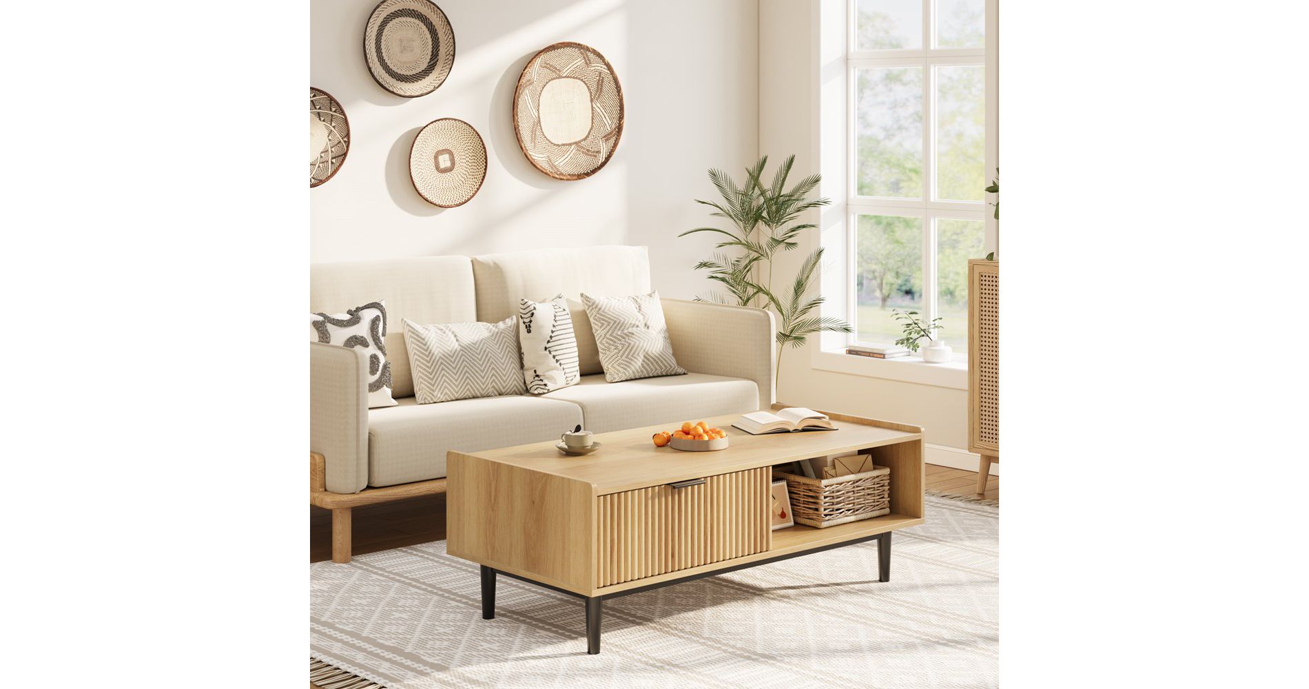 Mid Century Modern Coffee Table Fluted Center Table 42.5"L*21.7"W*15.7"H