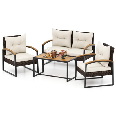 Tangkula 4 Piece Patio Conversation Set with Heavy Duty Solid Acacia Wood Armrests & Tabletop Outdoor Cushioned Wicker Furniture Set