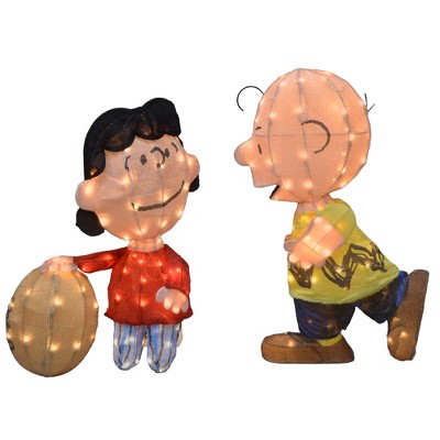 Peanuts Set of Two 32in Peanuts 3D PreLit LED Yard Art Lucy w Football and Charlie Brown, Brown