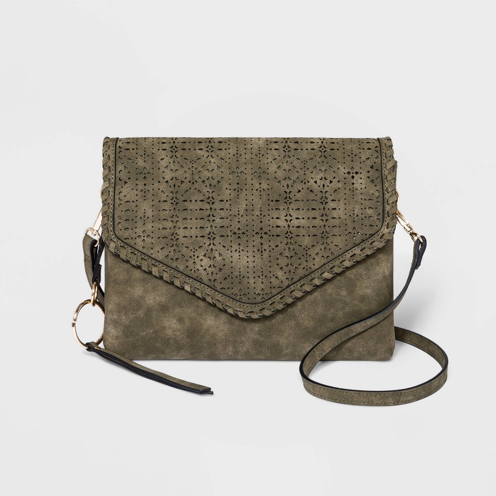 VR NYC Magnetic Closure Mosaic Design Laser Cut Crossbody Bag - Olive Green