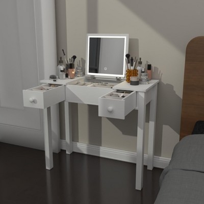KWPZQEB Vanity Desk with Flip-Top Mirror and Light, 3 Drawer and 3 Organizer Boxes, Home Office Desk, Bedroom Dressing Table