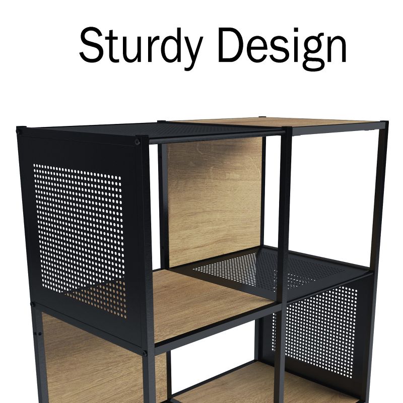 Lavish Home Freestanding 4-Tier Cube Storage Bookshelf – Industrial Wood and Metal Shelving, Oak/Black, 3 of 9