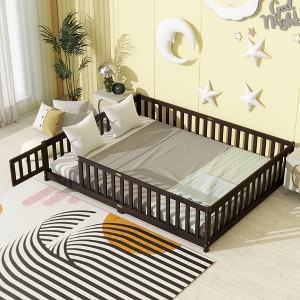 Queen Size Floor Bed with Door & Fence for Kids Boys Girls, Floor Bed with Roof & Full-Length Guardrails - 1 of 4