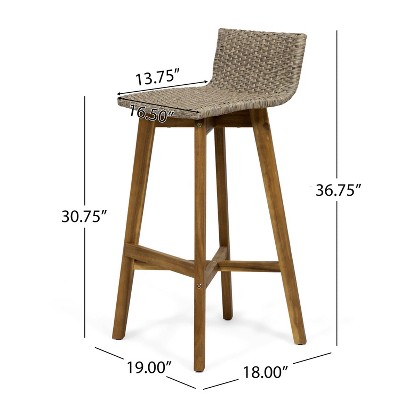 La Brea Acacia Wood and Wicker Patio Barstools, Set of 2, Light Brown