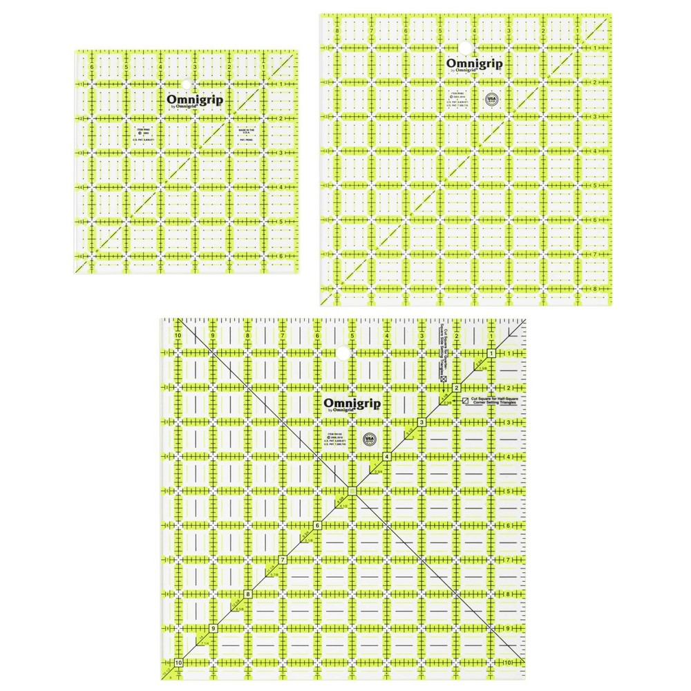 Omnigrid Non-Slip Square Quilting Rulers Combo Pack: 10.5" x 10.5" Sewing Tools, Quilting Supplies, 3-Piece Set