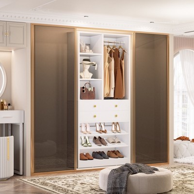 Aheaplus Closet Organizer System with Drawers and Adjustable Shelves, Freestanding Walk-in Wooden Closet