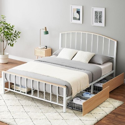 Homhougo Full Size Metal Bed Frame with Headboard and Footboard, 4 Storage Drawers, No Box Spring Needed, Upgraded Midfoot Structure, White