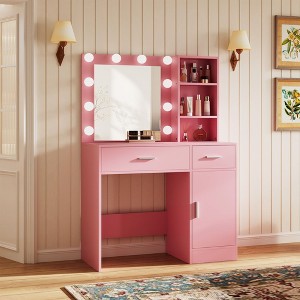 HYLEORY Vanity Desk Table with Mirror, Power Outlet and 10 Lights, Makeup Table with 3 Drawers,3 Color Modes Available for Bedroom-HYLEORY - 1 of 4
