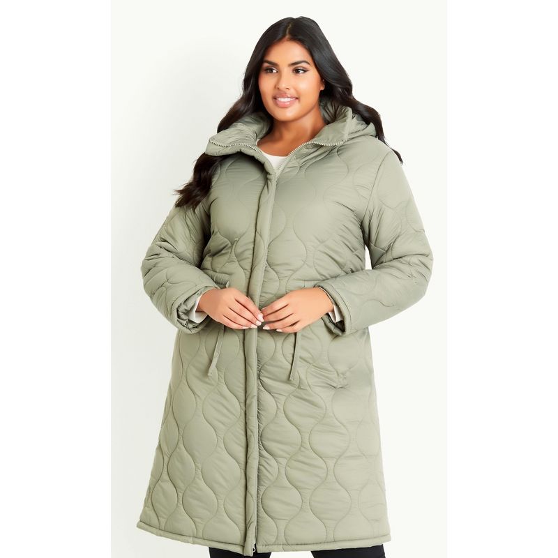 Women's Plus Size Quilted Hood Coat - Green | EVANS, 5 of 9