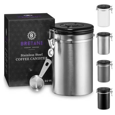 Bretani 24 oz Coffee Canister & Scoop Set - Stainless Steel Airtight  Kitchen Storage Container for Coffee Beans and Grounds