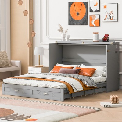 Full/Queen Size Murphy Bed Wall Bed with Drawers, Outlets and USB Ports, Pulley Structure Design, White/Gray-ModernLuxe