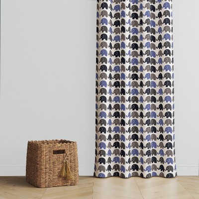 Gray and Blue Cotton Elephant Print Light-Filtering Curtain Panel