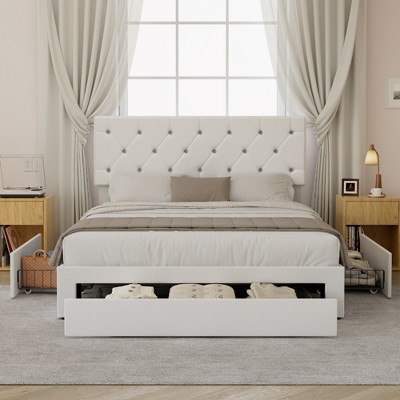 VECELO Queen/Full/Twin Size Bed Frame Leather Upholstered Platform Bed with Drawers and Headboard, Black/White