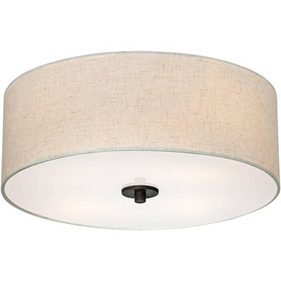 Regency Hill Modern Ceiling Light Flush Mount Fixture Bronze 18" Wide Off White Oatmeal Fabric Drum Shade Bedroom Kitchen Hallway