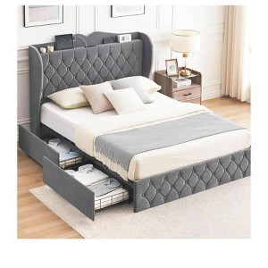 Coucheta Upholstered Bed Frame with tall headboard features built-in charging station, 4 drawers, shelf, and sturdy wooden slats. - 1 of 4