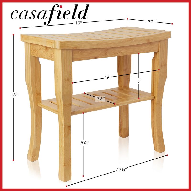 Casafield Bamboo Bathroom Bench Spa Stool, Curved Seat with Storage Shelf, 5 of 8