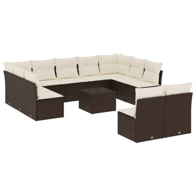vidaXL 12 Piece Patio Sofa Set with Cushions Poly Rattan - Brown and Cream With Table