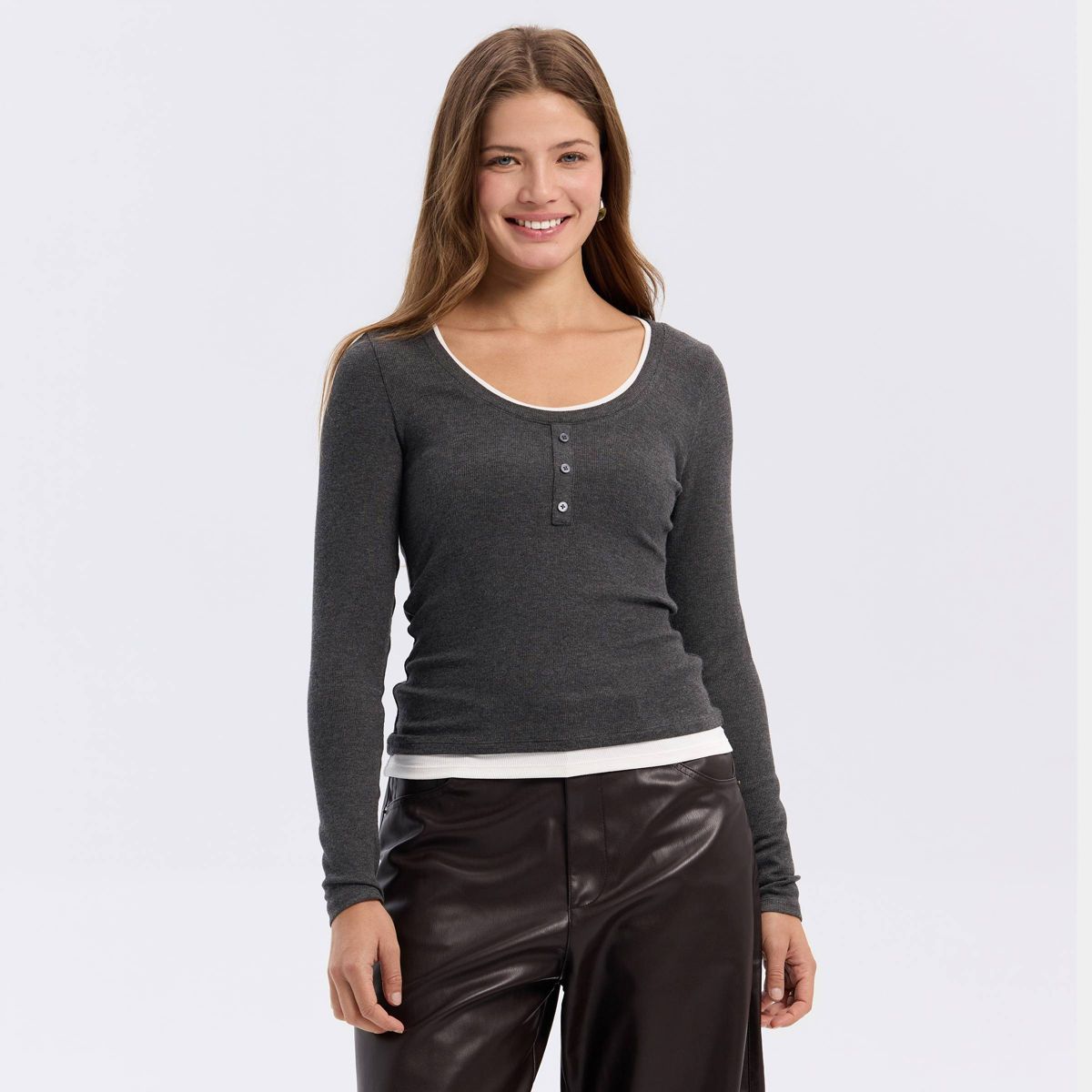 Women's Long Sleeve Contrast Ribbed Henley Top - A New Day™