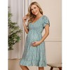 Womens Maternity Dress Ruffled Shirred Dress Floral Sundress with Flutter Cap Sleeve V Neck Flowy Midi Dress Flowy Gathered Hem Dress - 3 of 4