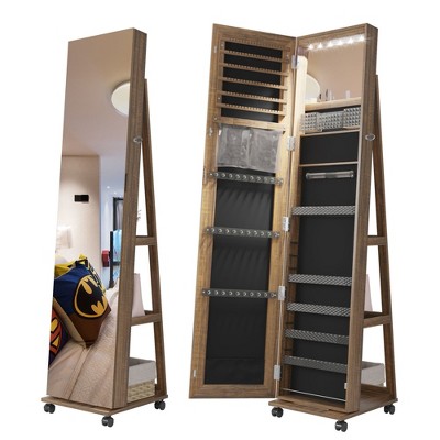 Vlsrka 360° Rotating LED Jewelry Armoire with Lock, Full Length Mirror, Large Floor Standing Organizer with Shelves