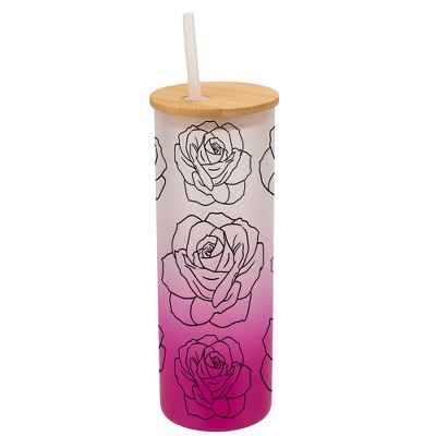 Elanze Designs Rose Flower Garden Wrap-Around Design 25 Ounce Frosted Gradient Glass On-The-Go Coffee Travel Skinny Tumbler Mug Cup, Bamboo Lid and