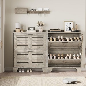 Narrow Shoe Cabinet for Entryway Storage, Slim Freestanding Organizer with 2 Flip Drawers and Hooks, Hidden Shoe Storage for Hallway, Foyer, Garage - 1 of 4